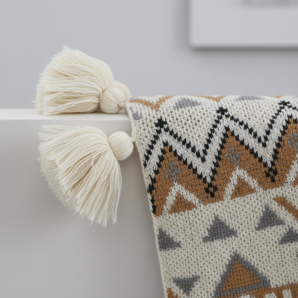 Close-up of Boho Jacquard Tassel Throw showing Aztec weave pattern and tassel corner detail