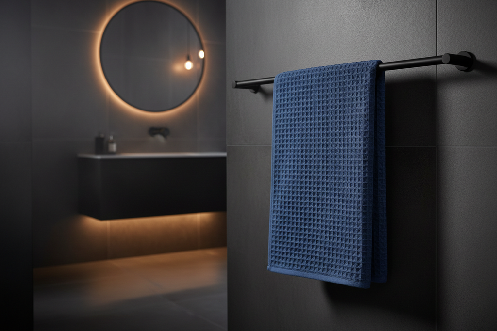 Dark blue cotton waffle bath towel on a matte black towel rail in a moody bathroom