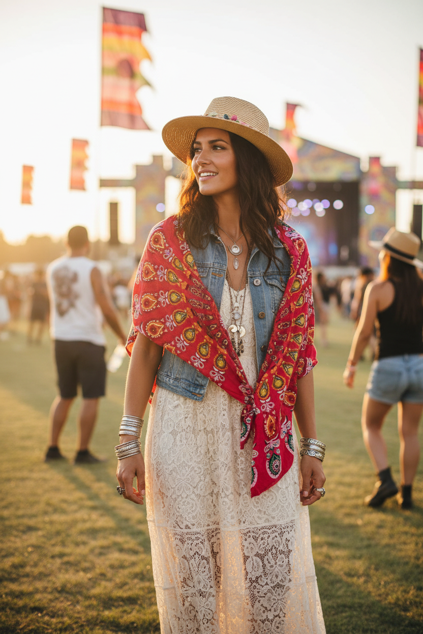 Woman wearing Red Mandala Beach Throw Blanket as a shawl at a summer festival
