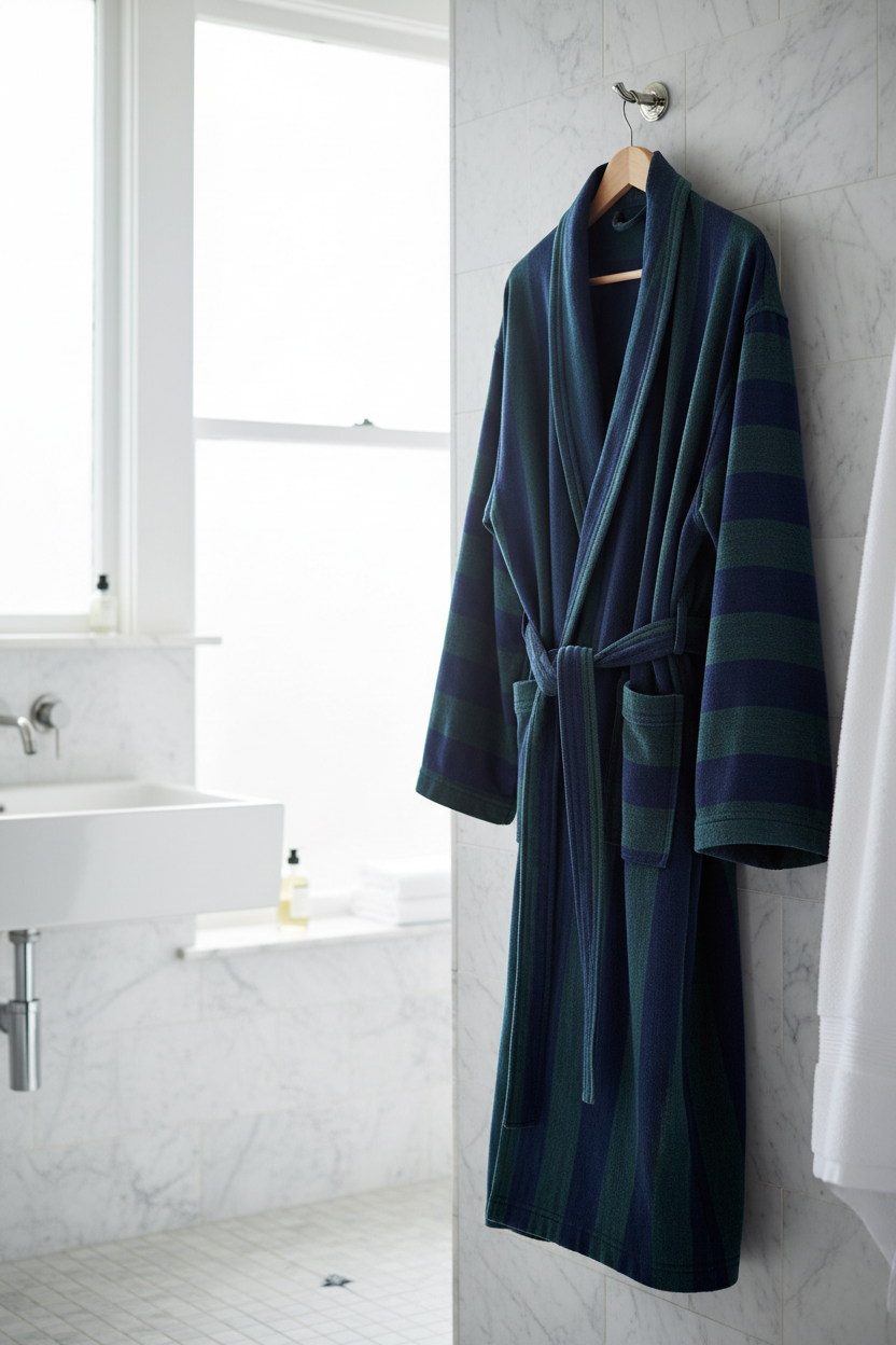 Striped Abyss deep dark blue Turkish cotton bathrobe hanging in spa bathroom