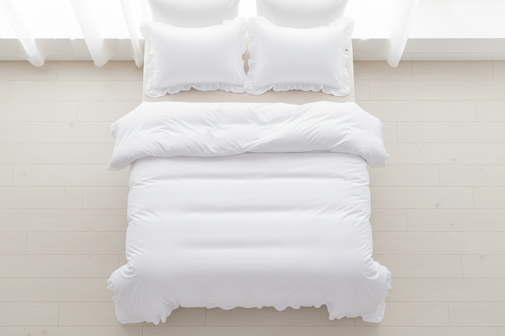 Ruffled White Duvet Cover Set - Flat Lay