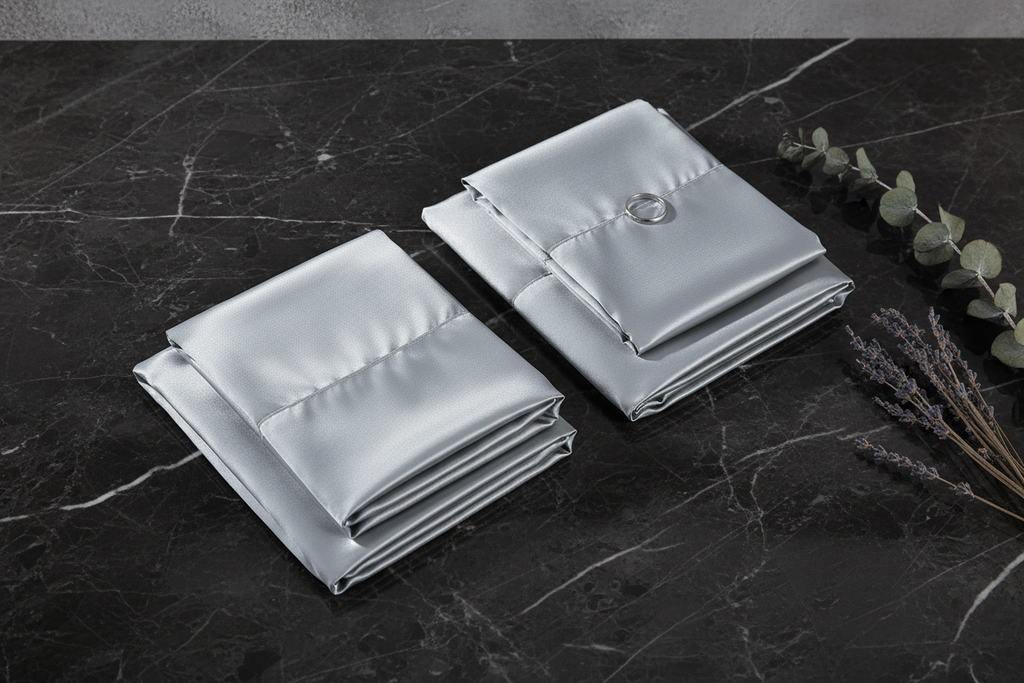 Light grey satin sheet set flat lay