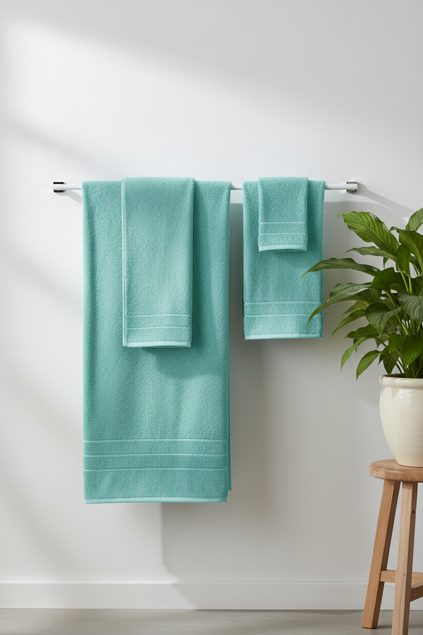 Aqua sky cotton bath and hand towels hanging on white towel rail in minimal bathroom
