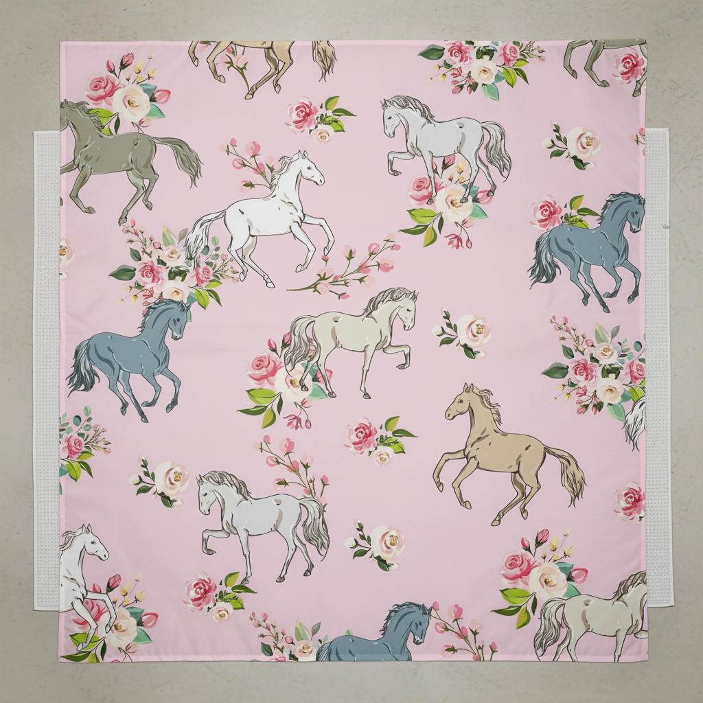Flat lay close-up of pink shower curtain showing all-over pattern of illustrated horses in grey white blue and tan with roses