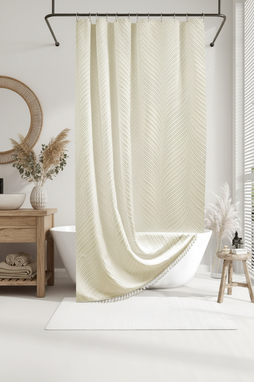 Cream tufted chenille leaf shower curtain with pom-pom hem in a warm boho bathroom with rattan mirror and dried botanicals