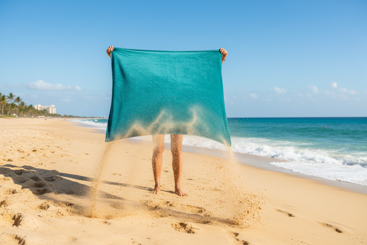 SUN'Y Laguna Beach Towel - sand-free shake-out demonstration