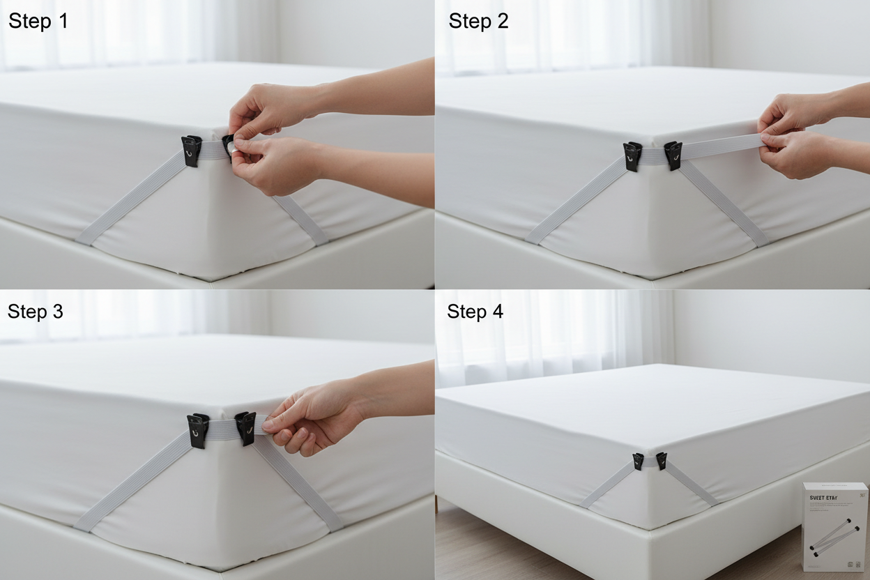 Hands installing bed sheet corner fastener on mattress corner