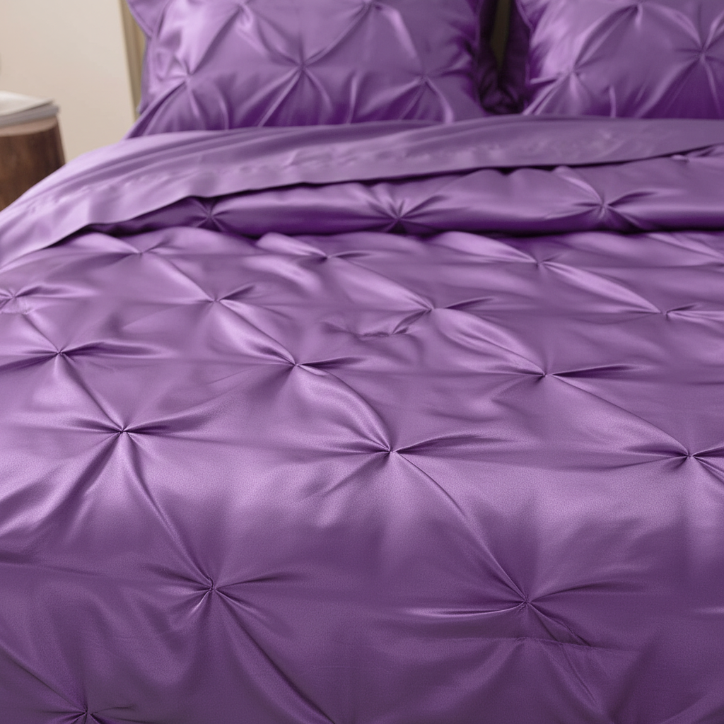 Close-up of lavender satin fabric showing silky smooth sheen and light reflection