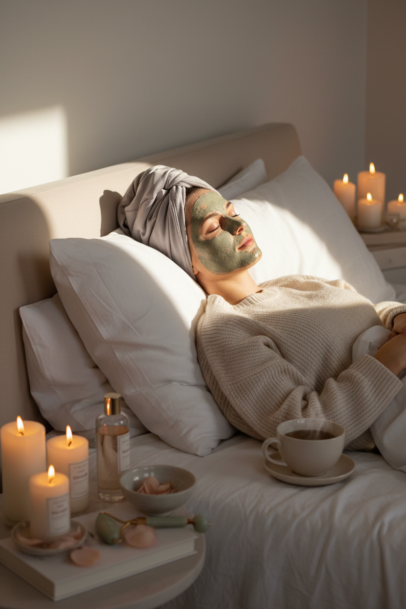 Silk Hair Towel - woman wearing silk turban with face mask during evening self-care routine