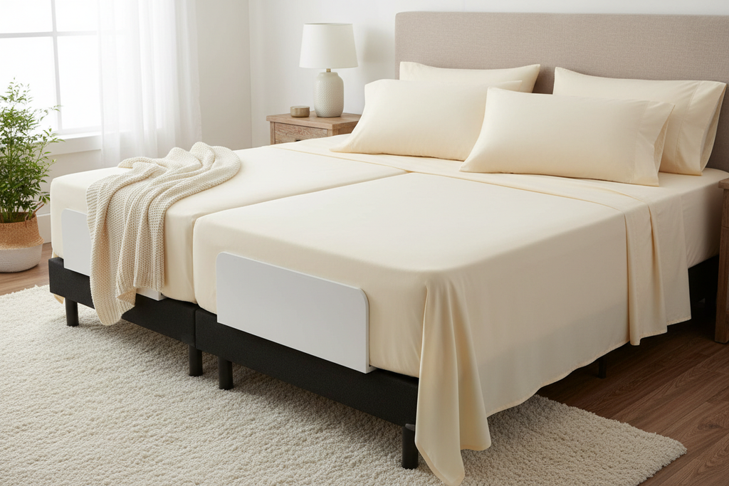 Cream extra deep split king sheet set - side lifestyle angle with pillowcases
