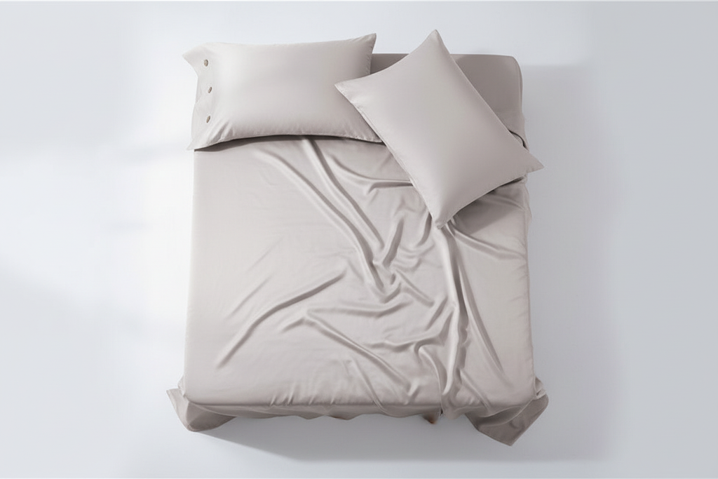 Cotton satin flat sheet and pillowcases flat lay