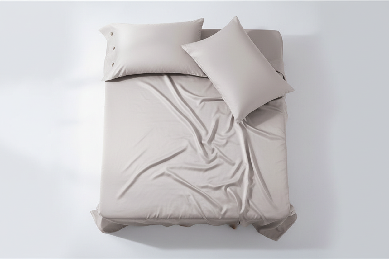 Cotton satin flat sheet and pillowcases flat lay