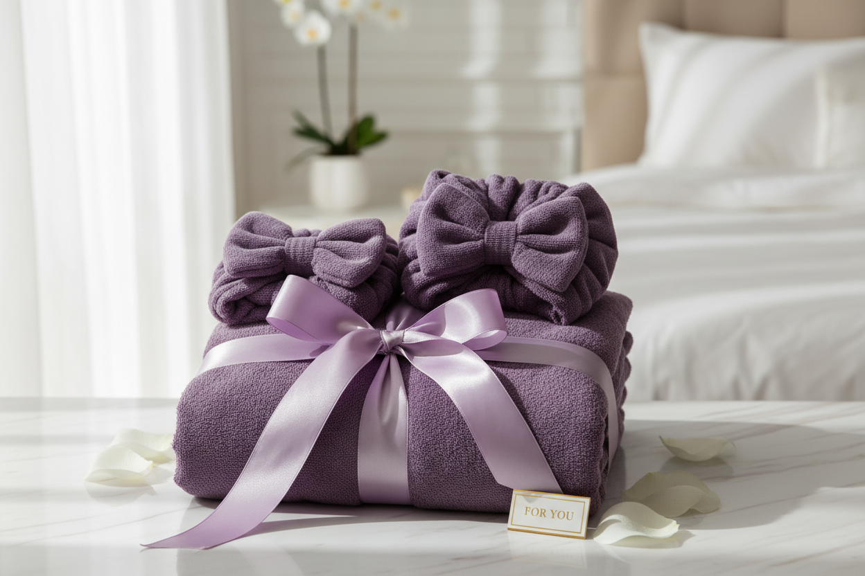 Women's Towel Wrap Set of 4 gift presentation with satin ribbon on white surface