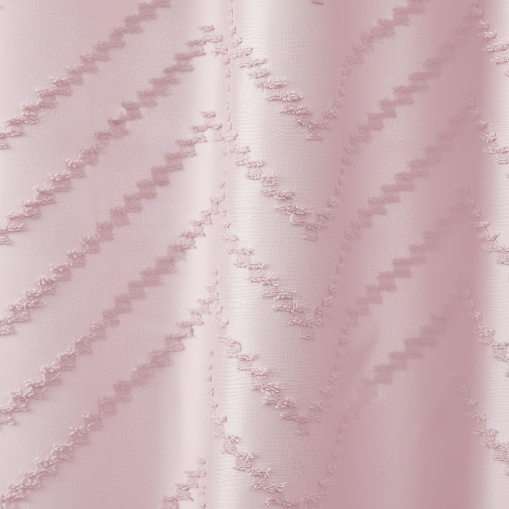 Close-up of blush pink tufted chevron woven texture on shower curtain fabric showing raised zigzag pattern detail