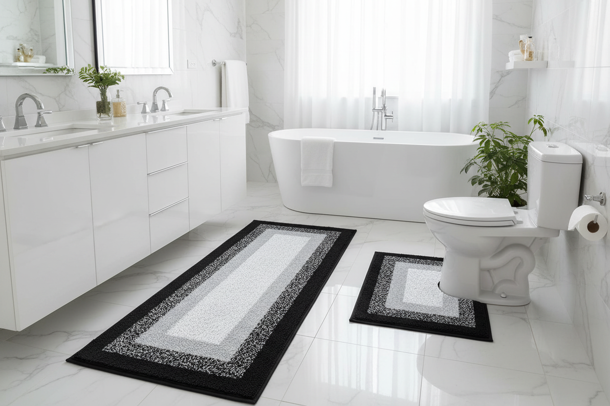 Black and white gradient border shaggy microfiber 3-piece bath rug set in modern white bathroom