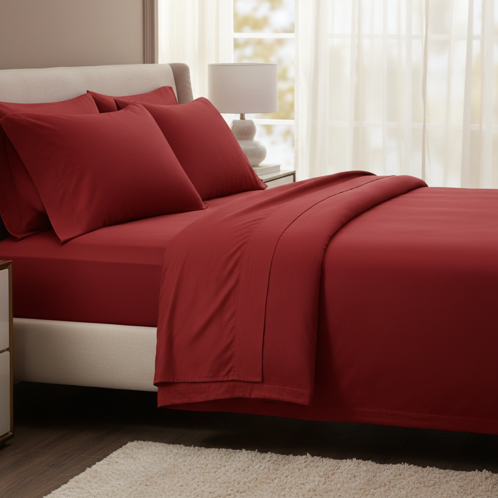 400TC Long-Staple Cotton Super King Sheet Set Rio Red - 45 degree side view with piped pillowcases