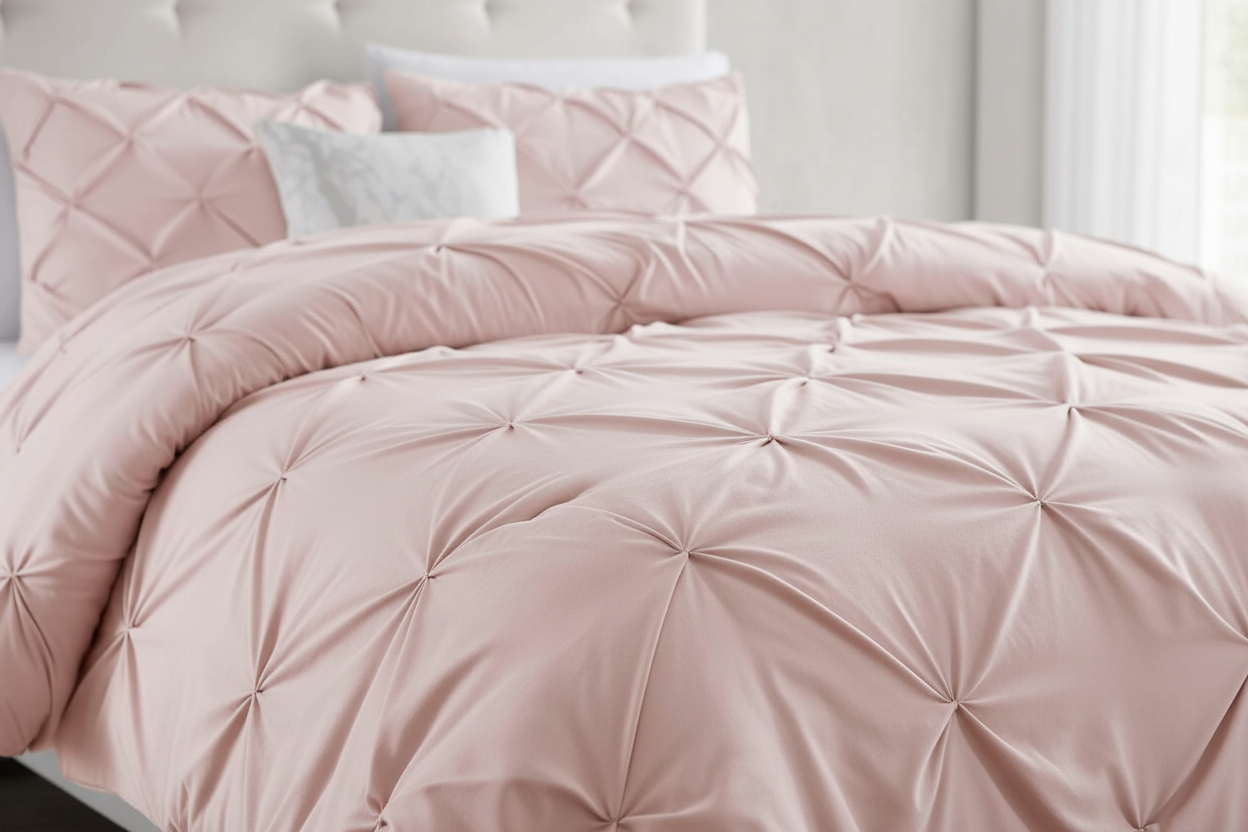 Close-up of blush pink pintuck duvet cover showing pinch pleat diamond texture in soft natural light