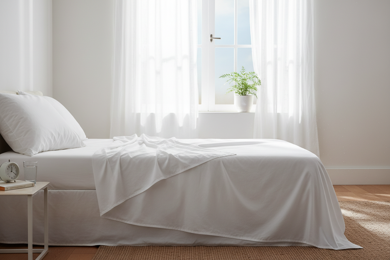 White organic cotton percale sheets styled in bright airy bedroom with open window