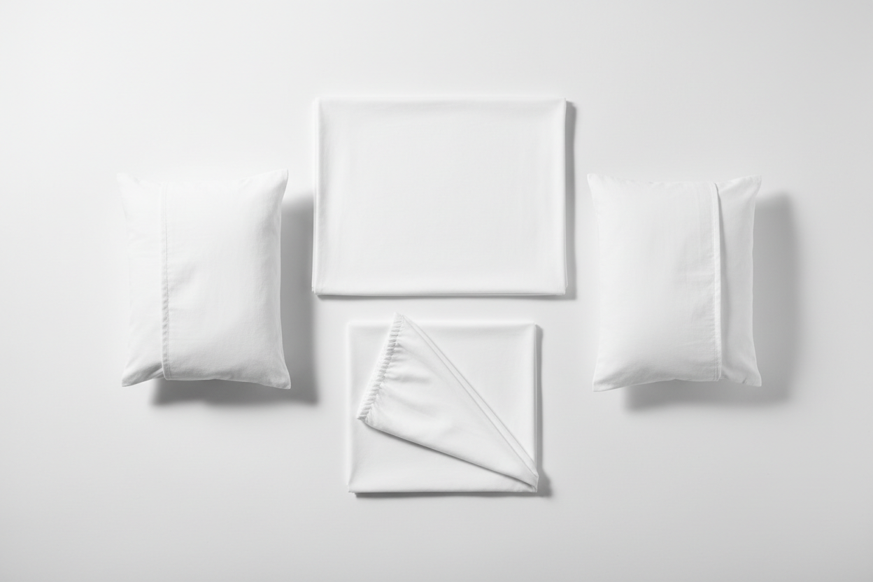 White organic cotton percale sheet set overhead flat lay of all 4 pieces