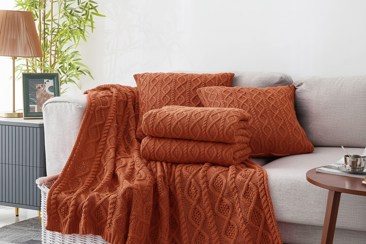 Rust cable knit throw folded on a white wicker basket beside a grey sofa with matching cushions