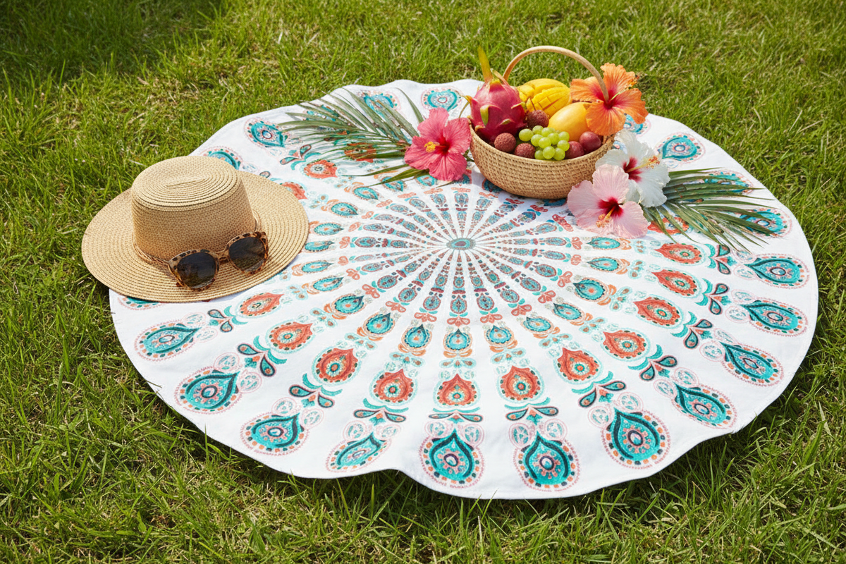 White Mandala Beach Throw Blanket spread on grass for a picnic with straw hat and tropical fruits