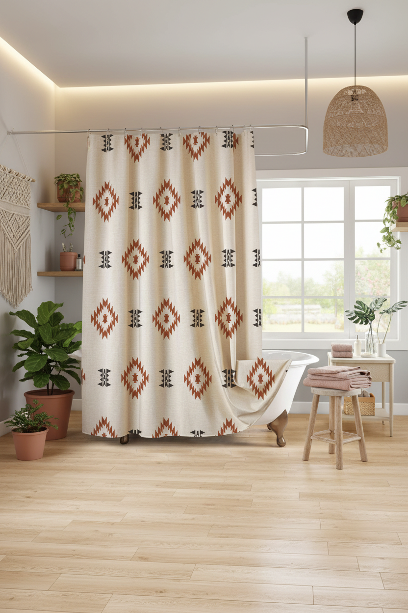 Wide boho bathroom scene with Aztec shower curtain, macramé, terracotta pots and wooden stool