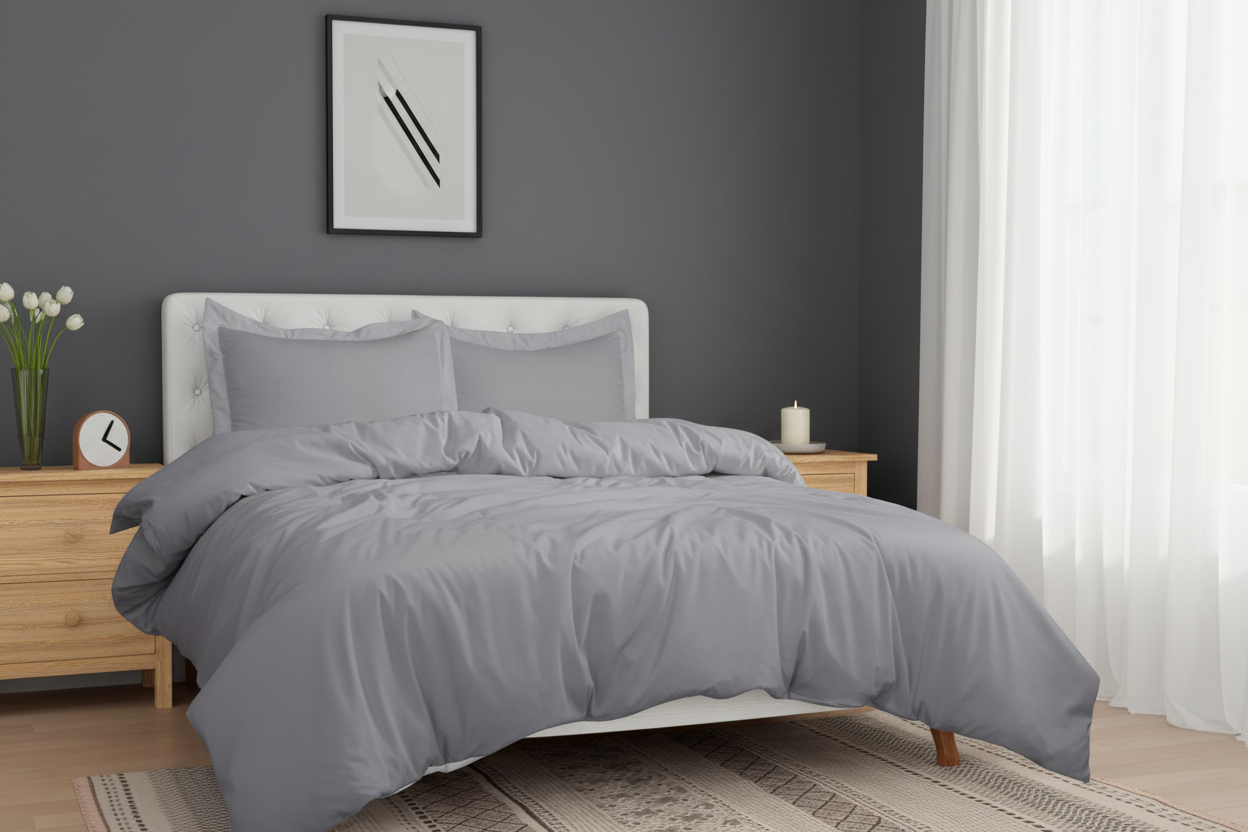 Silver grey duvet cover set with charcoal accent wall, framed print and candle on bedside