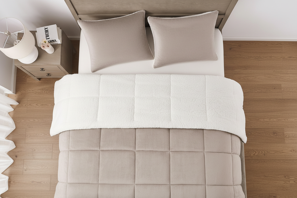 Overhead top-down view of king bed made with sherpa sand comforter set and two matching pillowcases