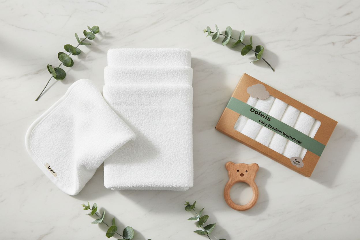 6 pure white plush bamboo washcloths stacked and fanned out on white marble next to a kraft gift box