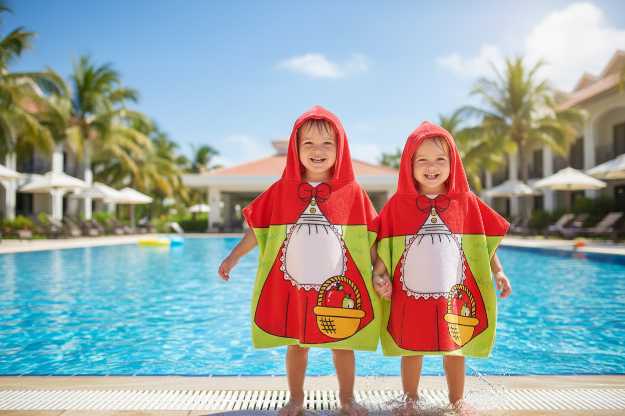 Little Red Riding Hood kids hooded poncho towel - two toddler siblings smiling at outdoor pool