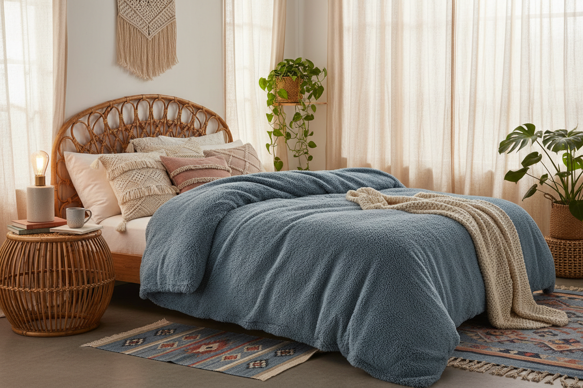 Y2K Plush Duvet Cover Set in Blue Grey - Boho Bedroom