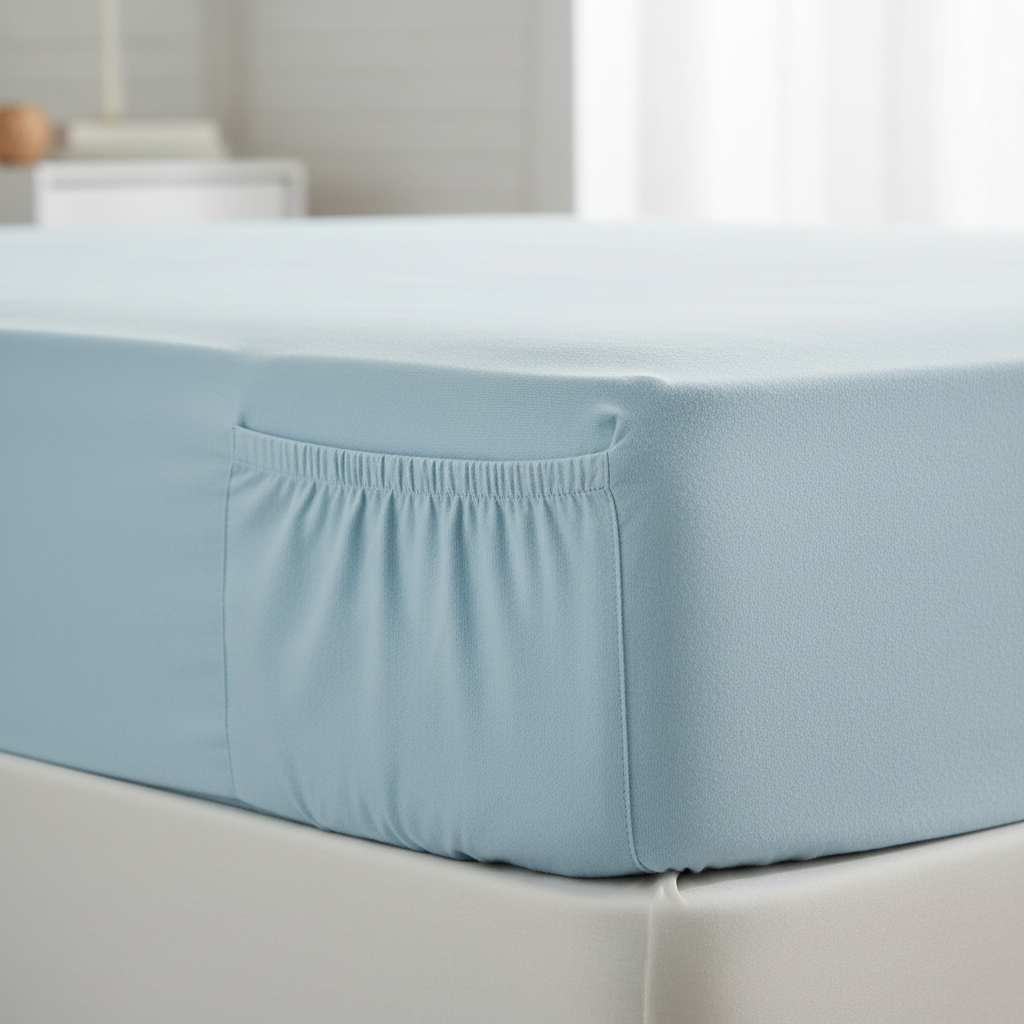 Light blue flannel fitted sheet corner detail showing deep pocket