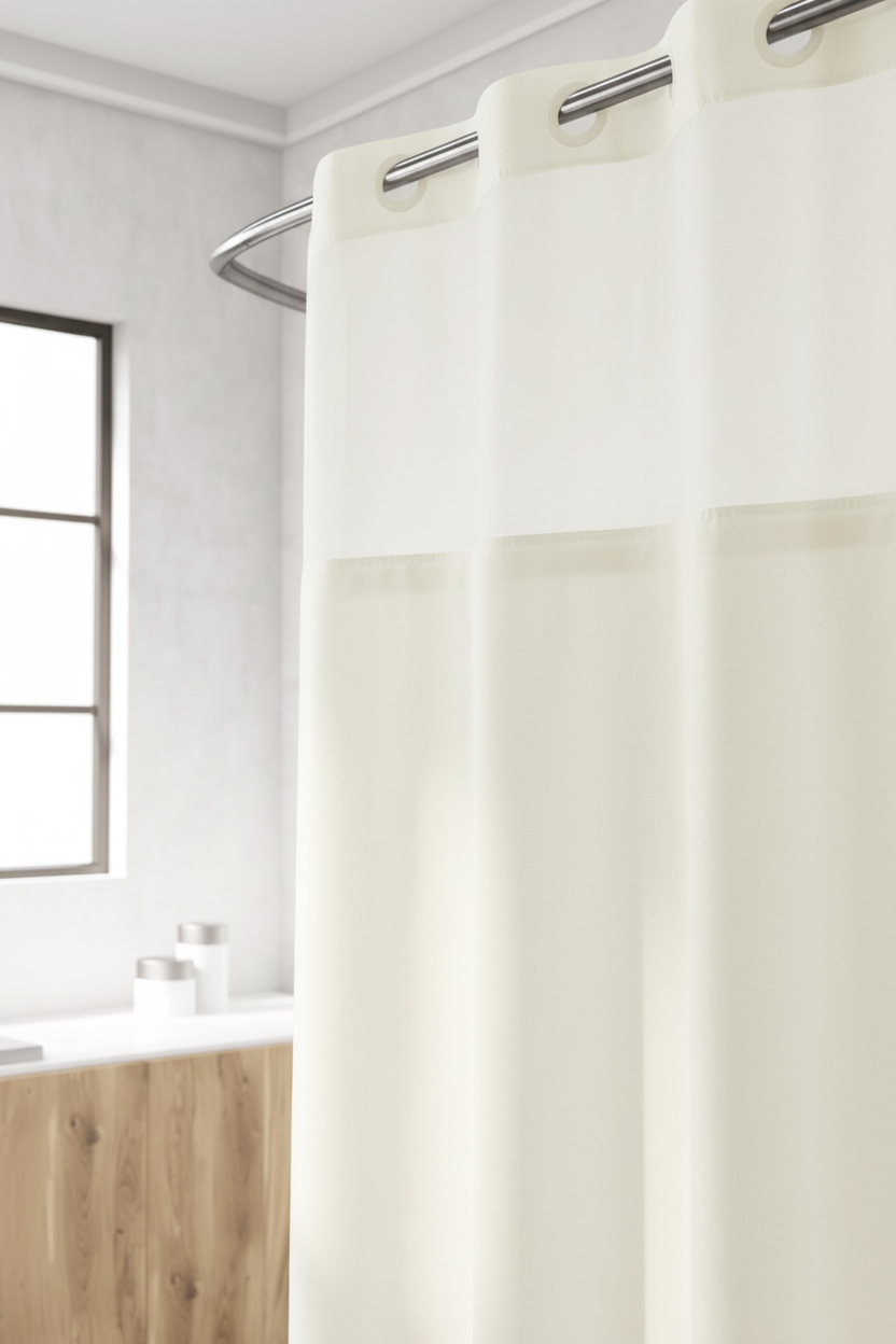 Detail of cream beige hookless shower curtain snap-in ring system and sheer window panel