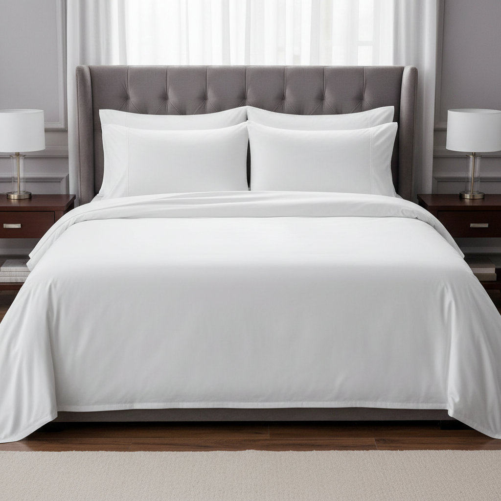 500TC Cotton White King Sheet Set - front view on made king bed
