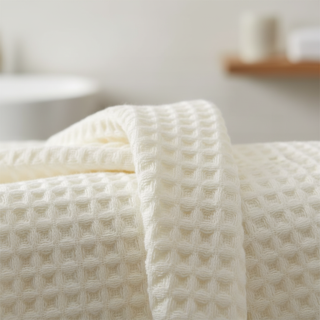 Close-up of honeycomb waffle weave texture on cream white cotton bath towel