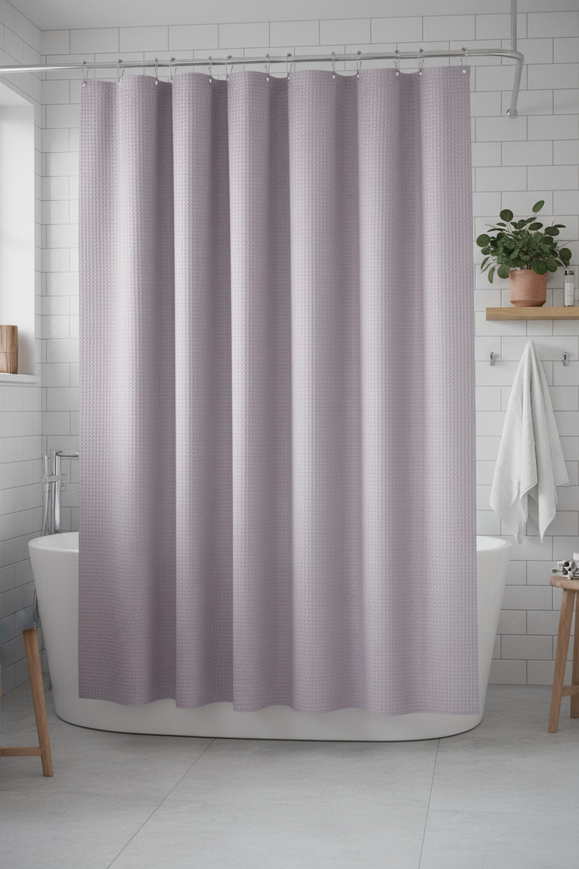 Lavender waffle shower curtain in Scandi minimal bathroom with subway tiles, eucalyptus and oak accessories