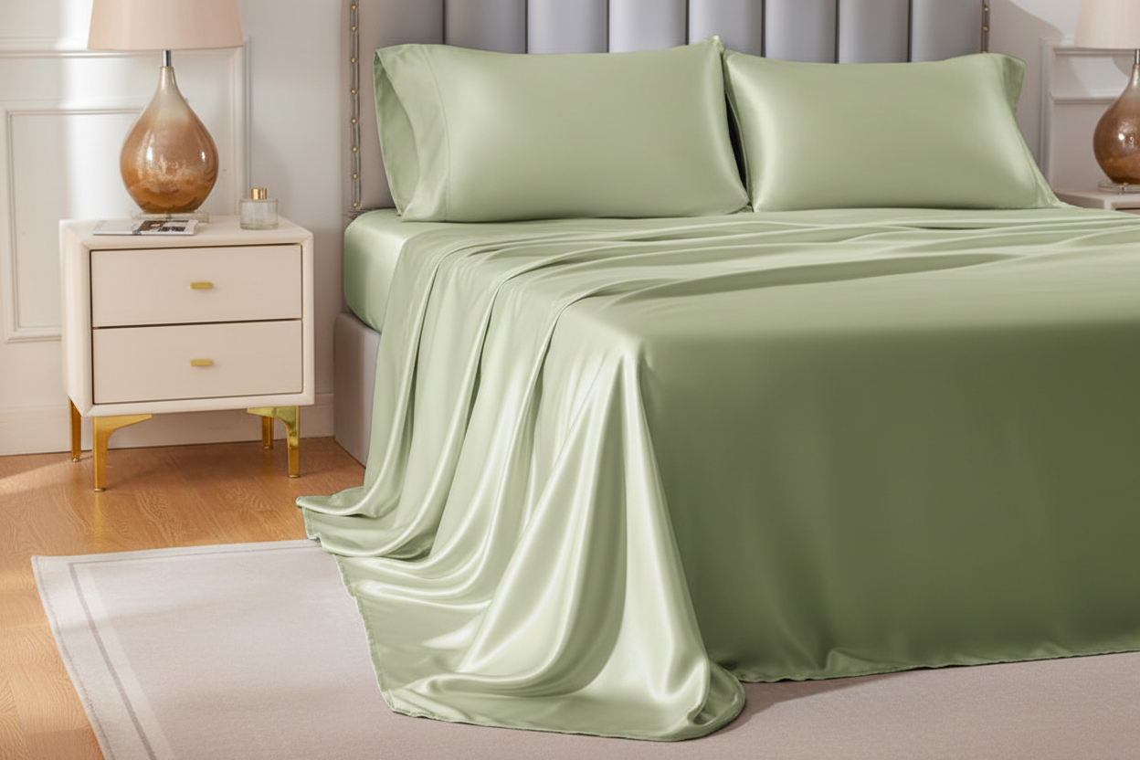 Sage satin sheet set side drape view showing flat sheet cascade