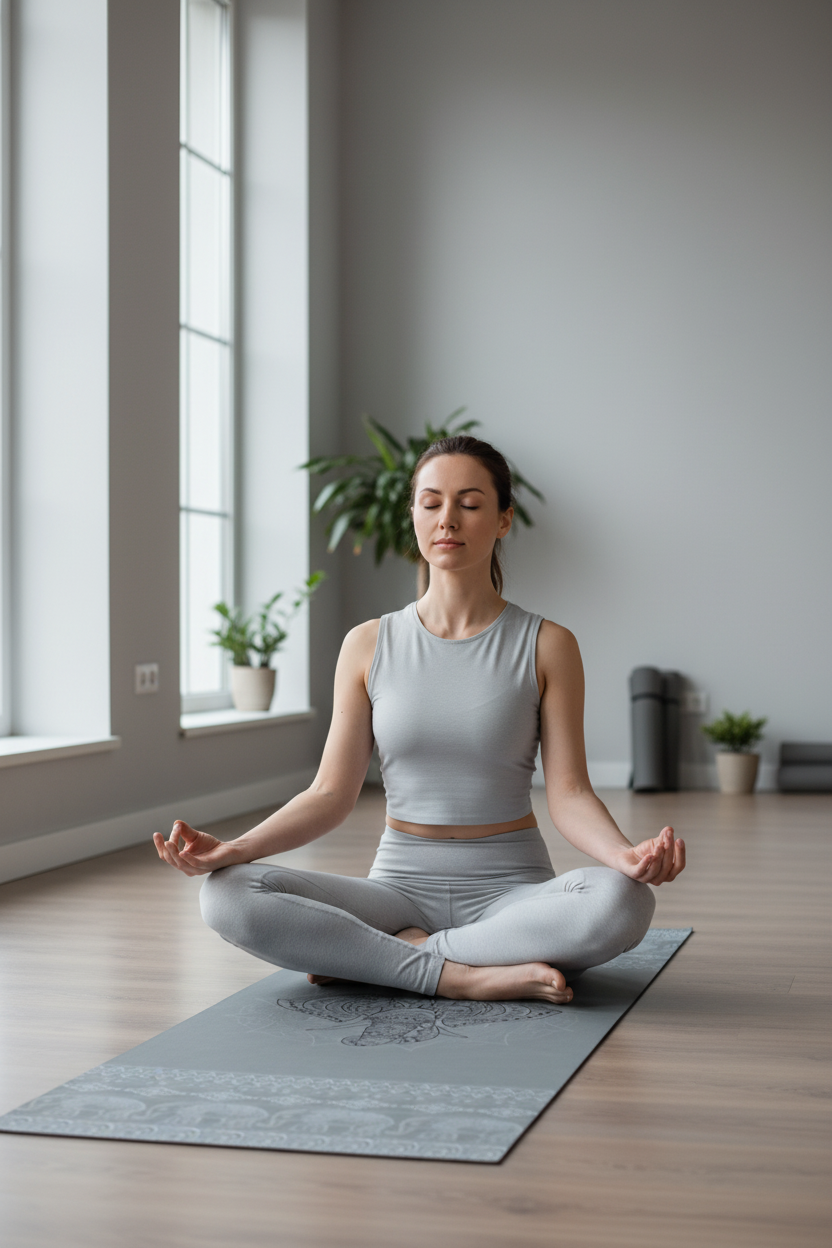 Woman sitting cross-legged in meditation on a grey mandala elephant yoga towel