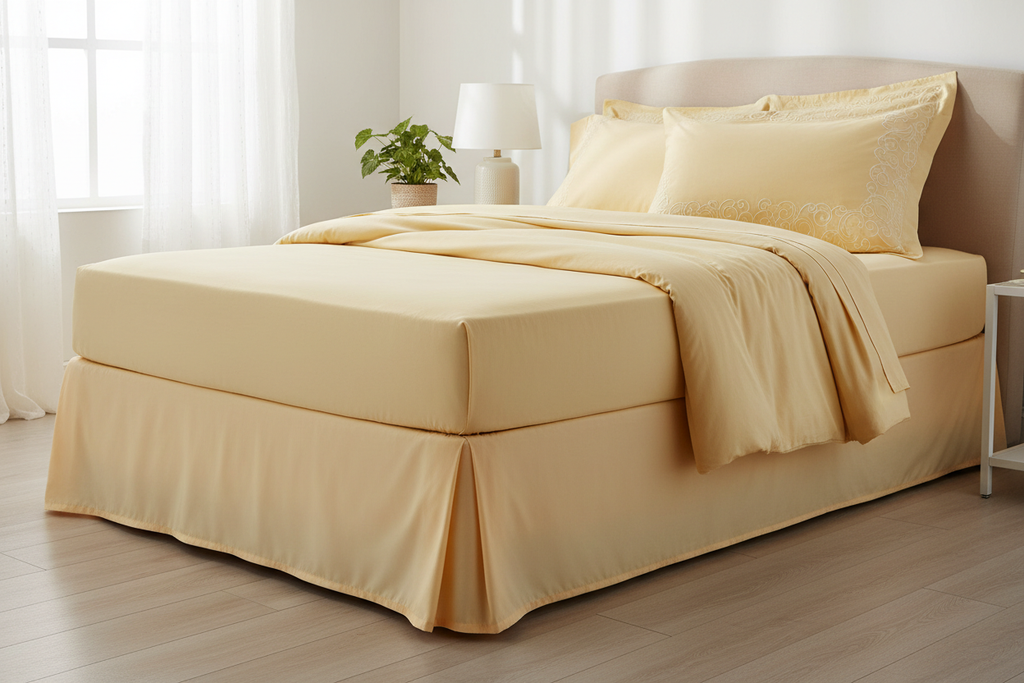 Mellow yellow microfiber sheet set side lifestyle angle showing embroidered pillowcase