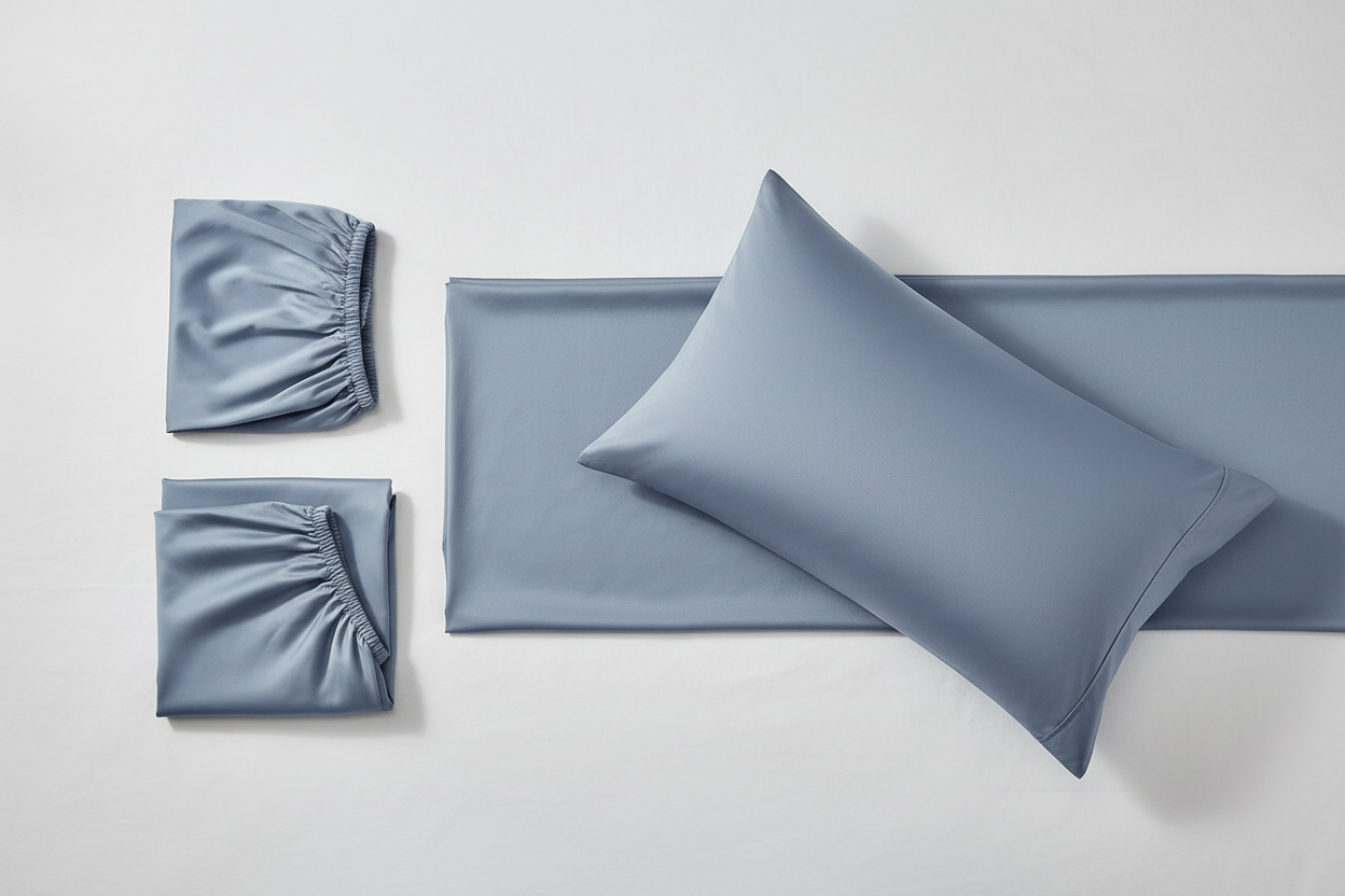 Stormy blue TENCEL 4-piece sheet set flat lay