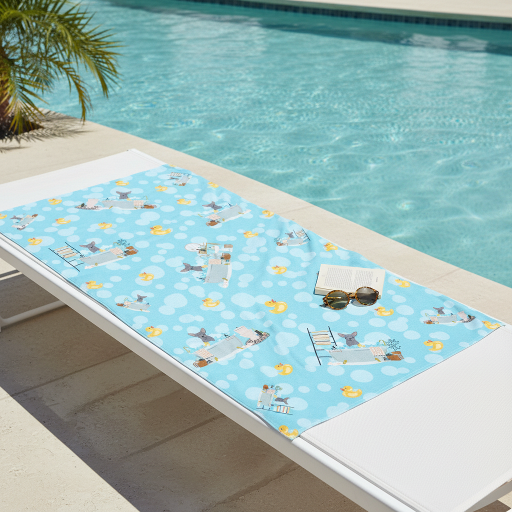 Blue Chihuahua bath towel on a sunny poolside lounger
