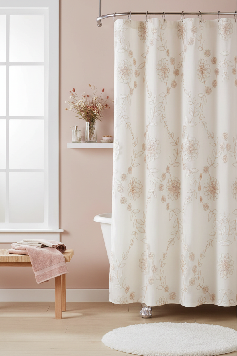 Soft feminine bathroom with rose vine shower curtain, blush accents and dried flowers
