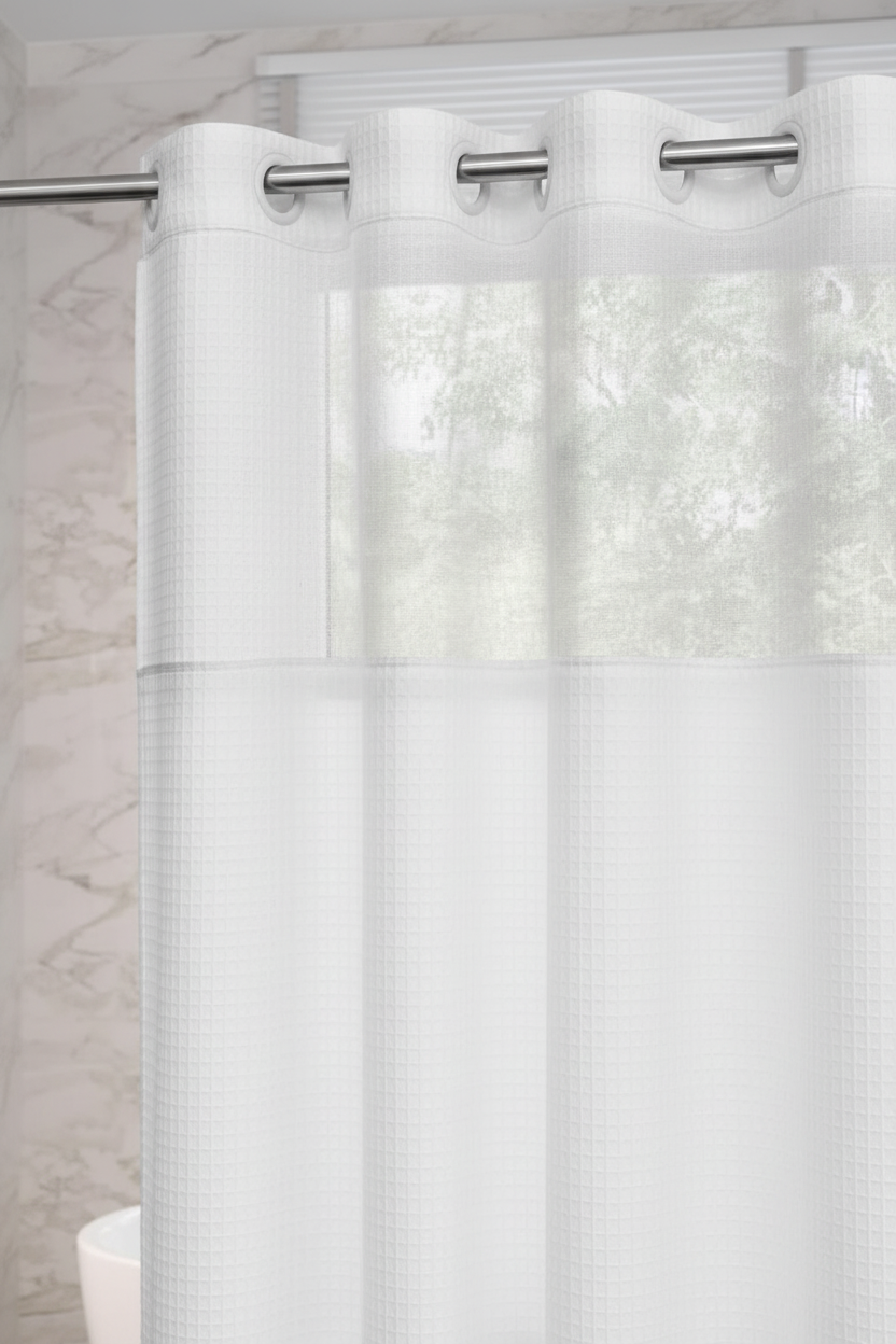 Detail shot of white waffle weave shower curtain hookless snap-in ring system and mesh window panel