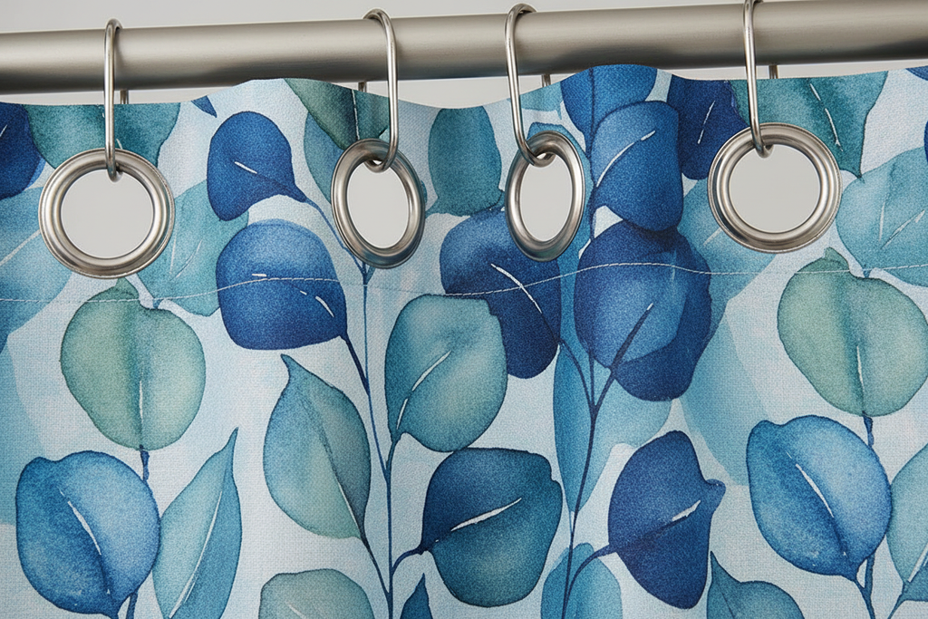 Blue eucalyptus shower curtain grommet and header detail