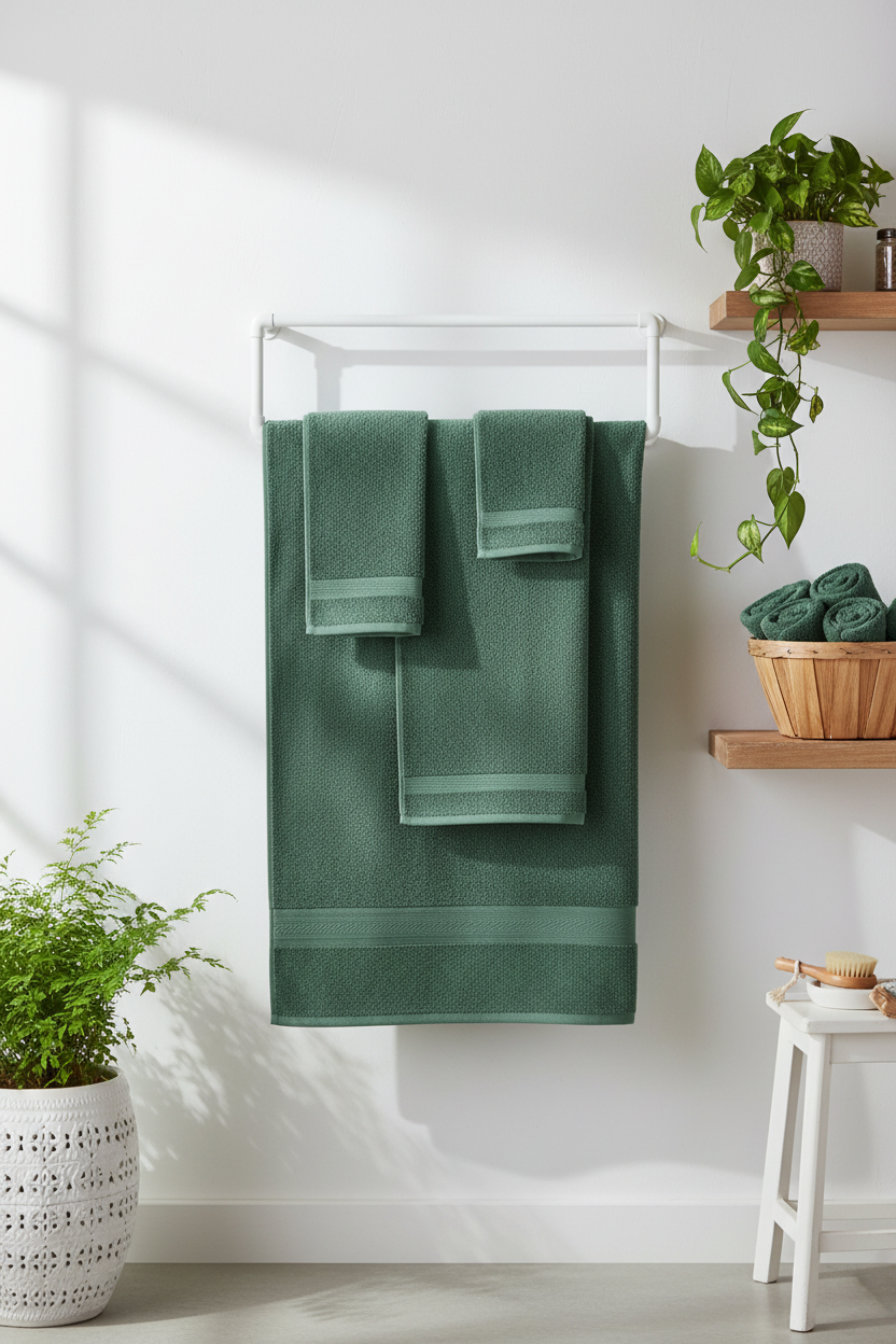 Hunter green popcorn textured cotton bath and hand towels hanging on white towel rail