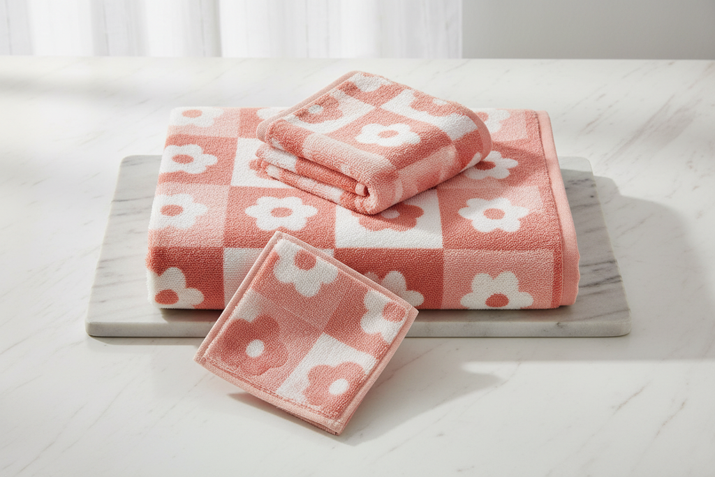 Pink checkerboard floral coral fleece towel set flat lay on white marble surface