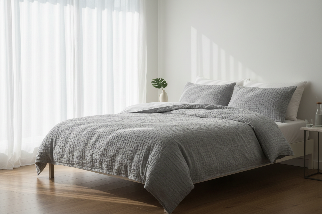 Grey seersucker duvet cover set on a neatly made bed in a bright airy bedroom