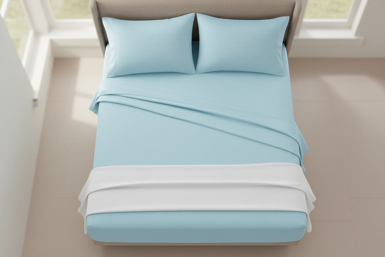 Top-down aerial view of light blue flannel cotton sheet set on super king bed