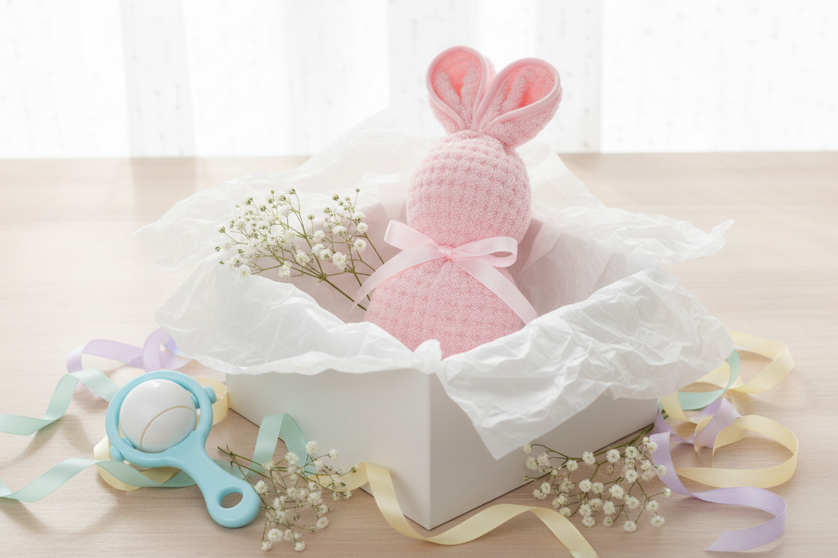 Pink bunny-shaped waffle towel with satin ribbon bow in a white gift box with baby shower decorations