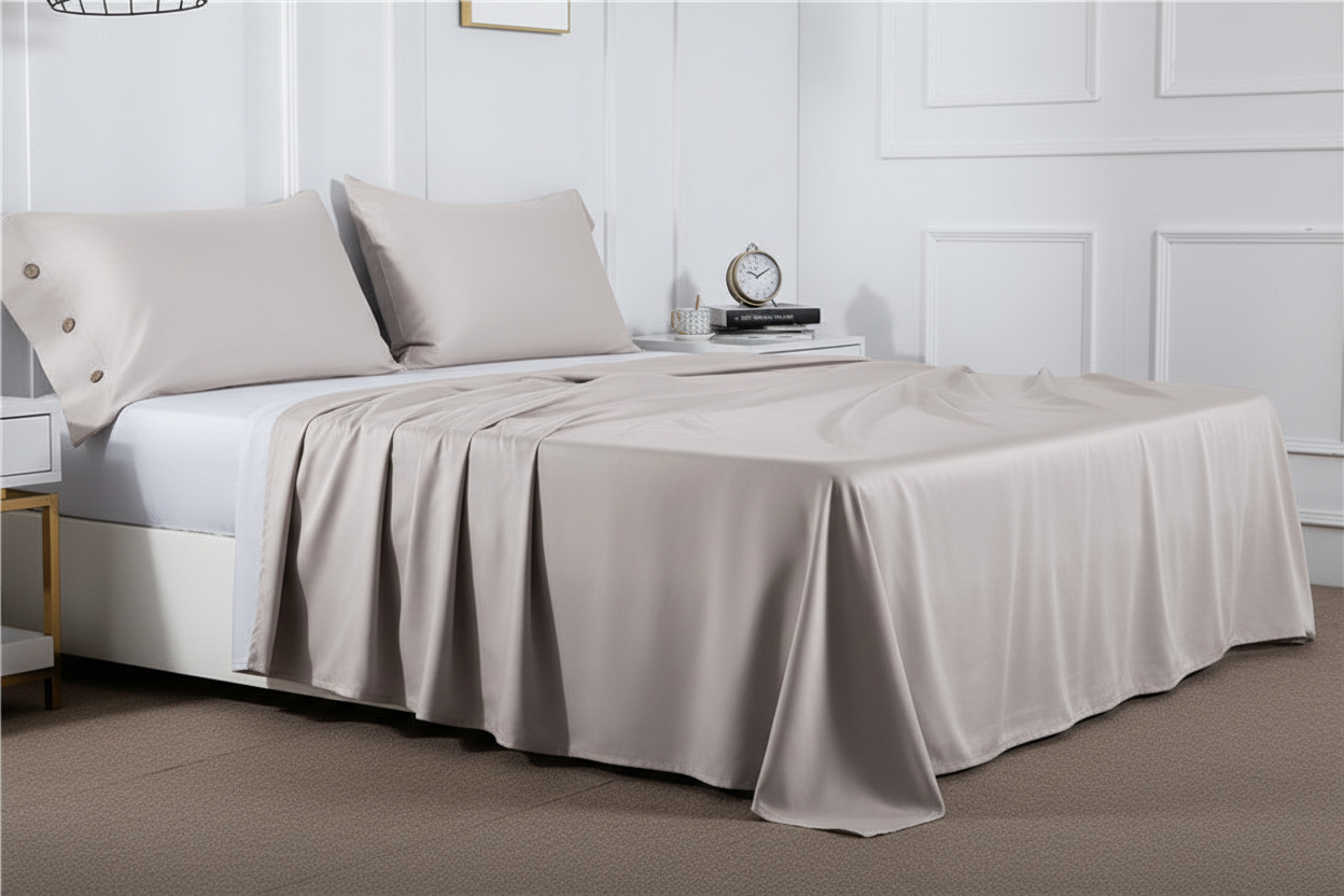 Cotton satin bed sheet side angle view on super king bed